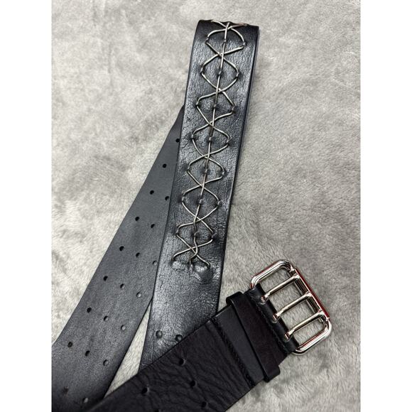 Fendi Black Leather Triple Buckle Belt Italy 90/36 Stitch Detail Genuine Leather - Picture 1 of 9